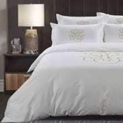 Opulence Collection T300 Monogram White & Stone Duvet Cover Set